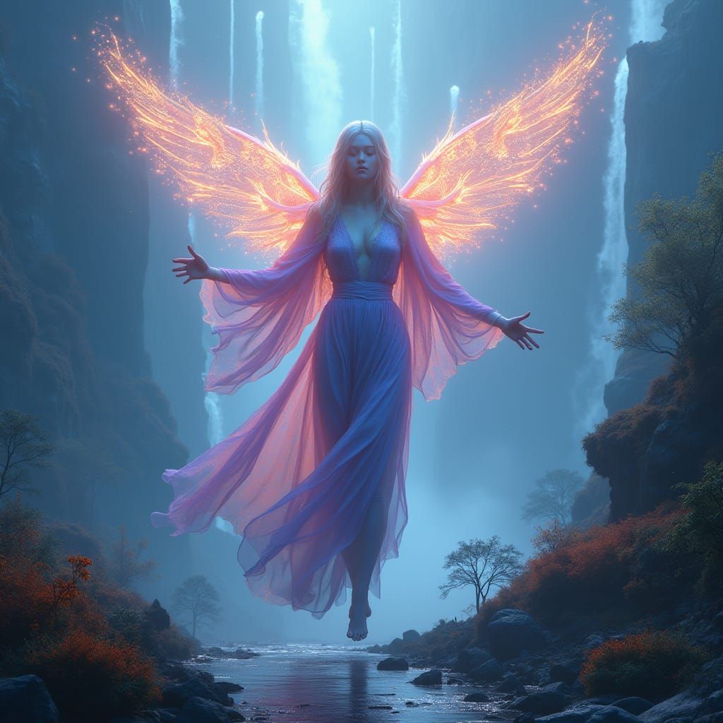 Dreamlike Goddess in Lush, Crystal Landscape