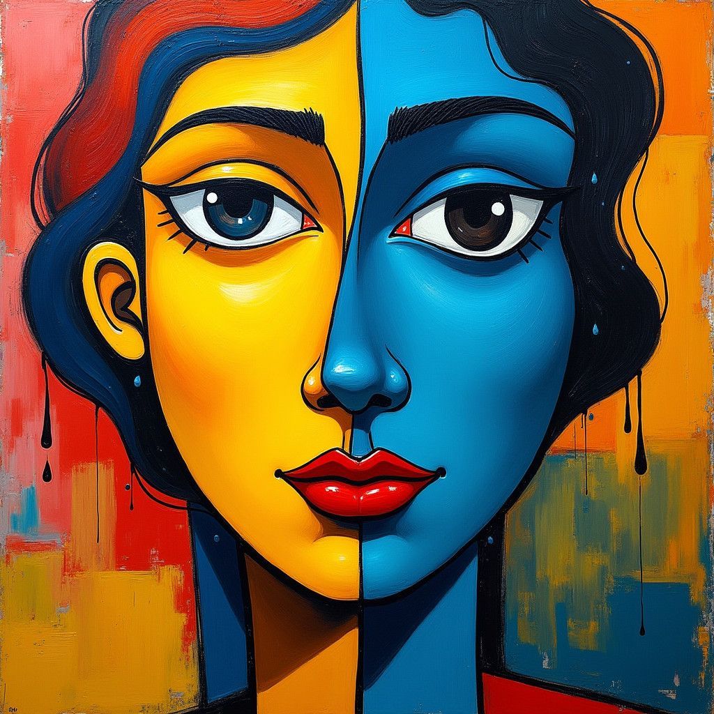 Cubist Face Fragmented in Vibrant Yellow and Blue