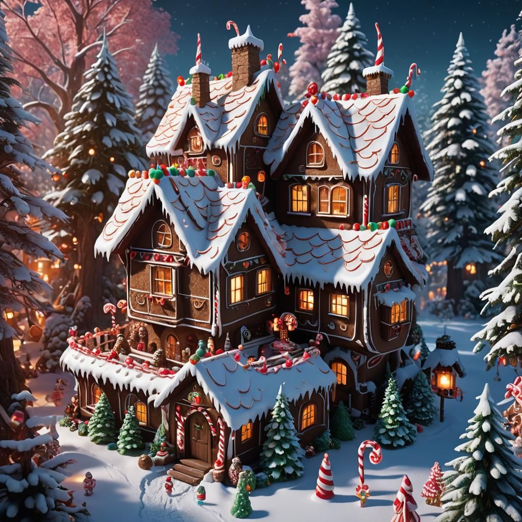 Gingerbread House with Elf in Winter Wonderland