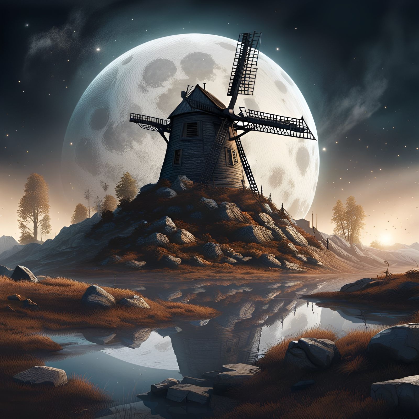 Moonlit Dutch Windmill in Dark Fantasy Style