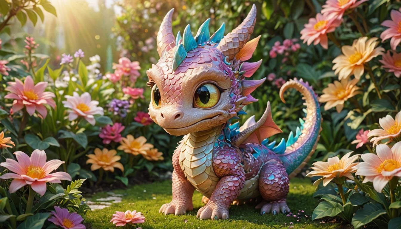 Whimsical Chibi Dragon Basks in Vibrant Flower Garden