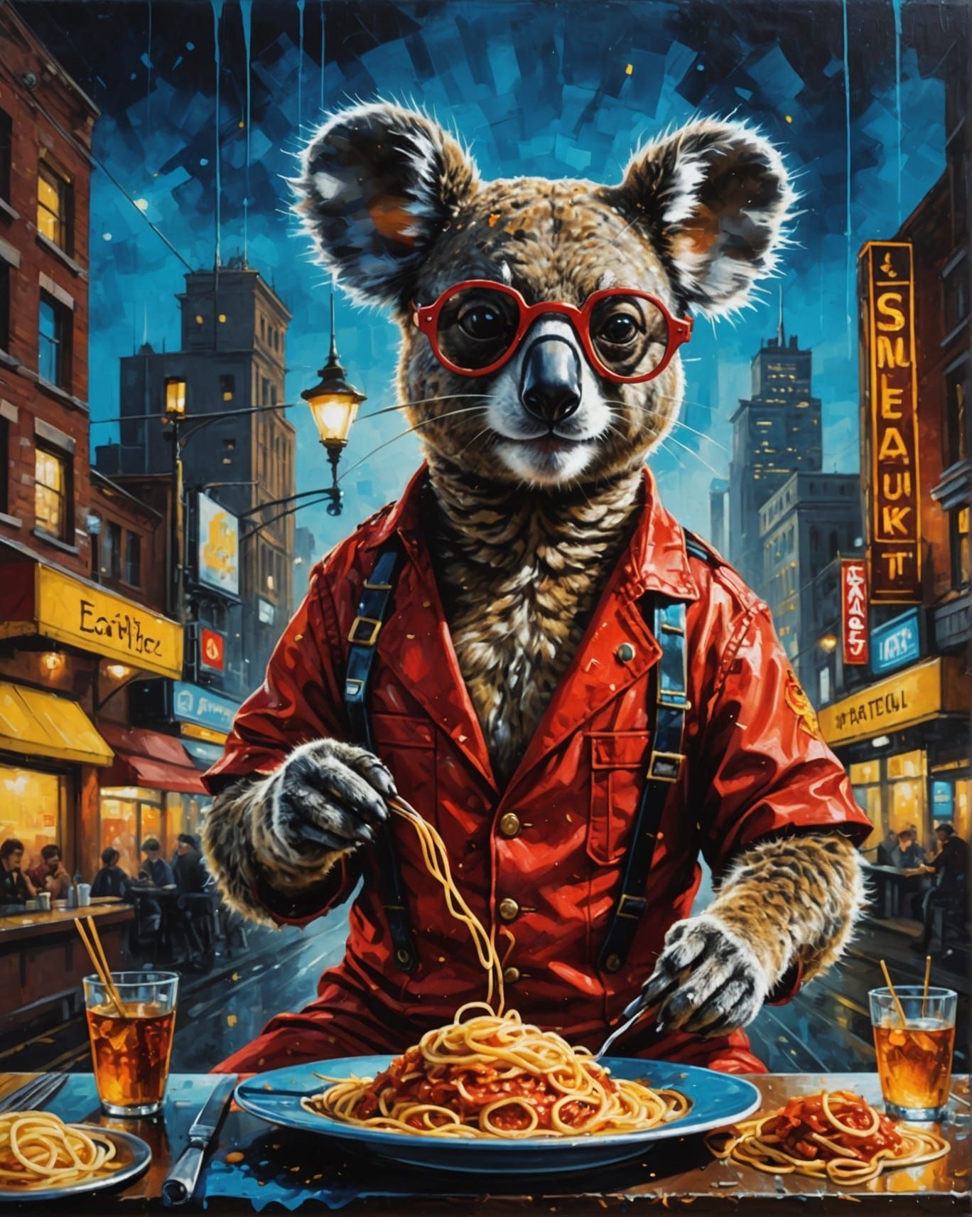 Steampunk Koala Enjoys Spaghetti Dinner