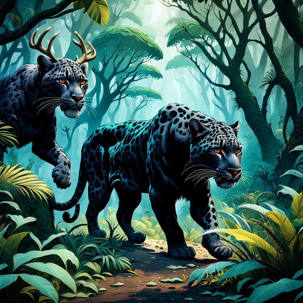 Black Leopard Hunting Deer in Jungle Art