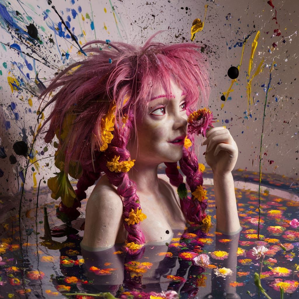Pixie in Flower Pool: Avant-Garde Impasto Painting