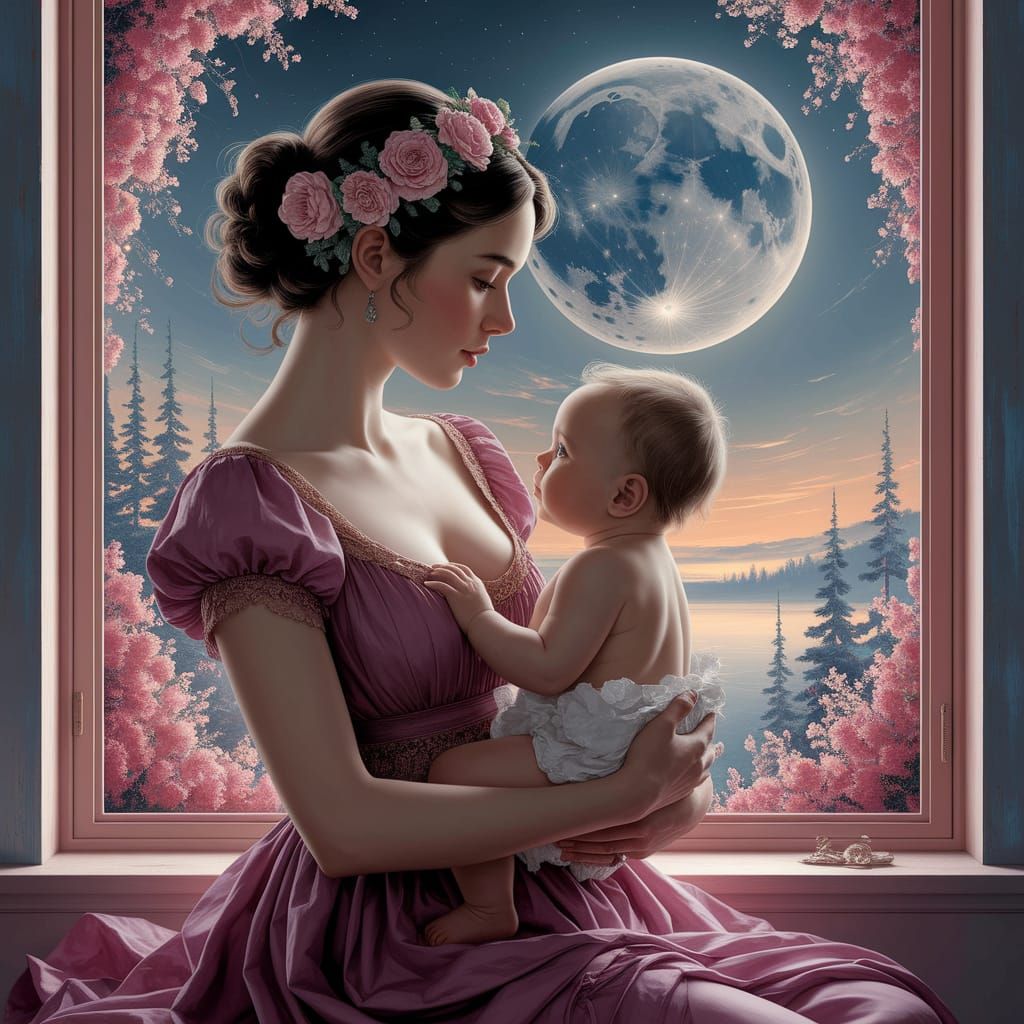 Mother and Child in a Dreamy Moonlit Landscape