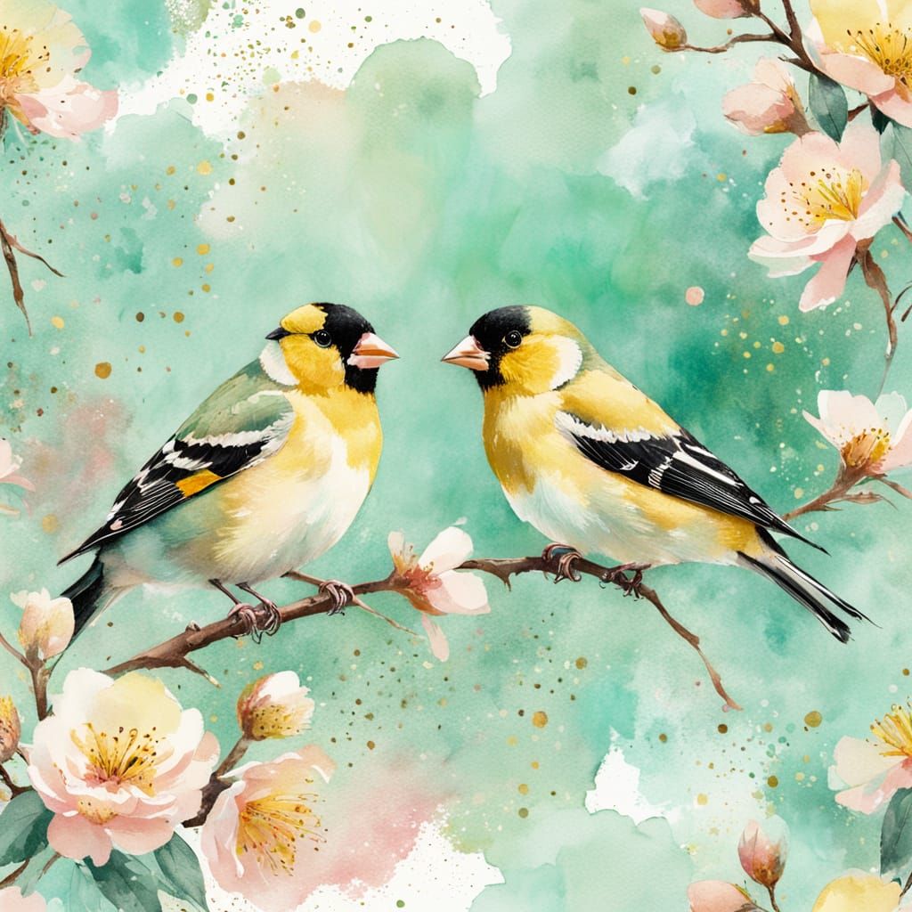 Goldfinches in Impressionistic Cherry Blossom Dawn