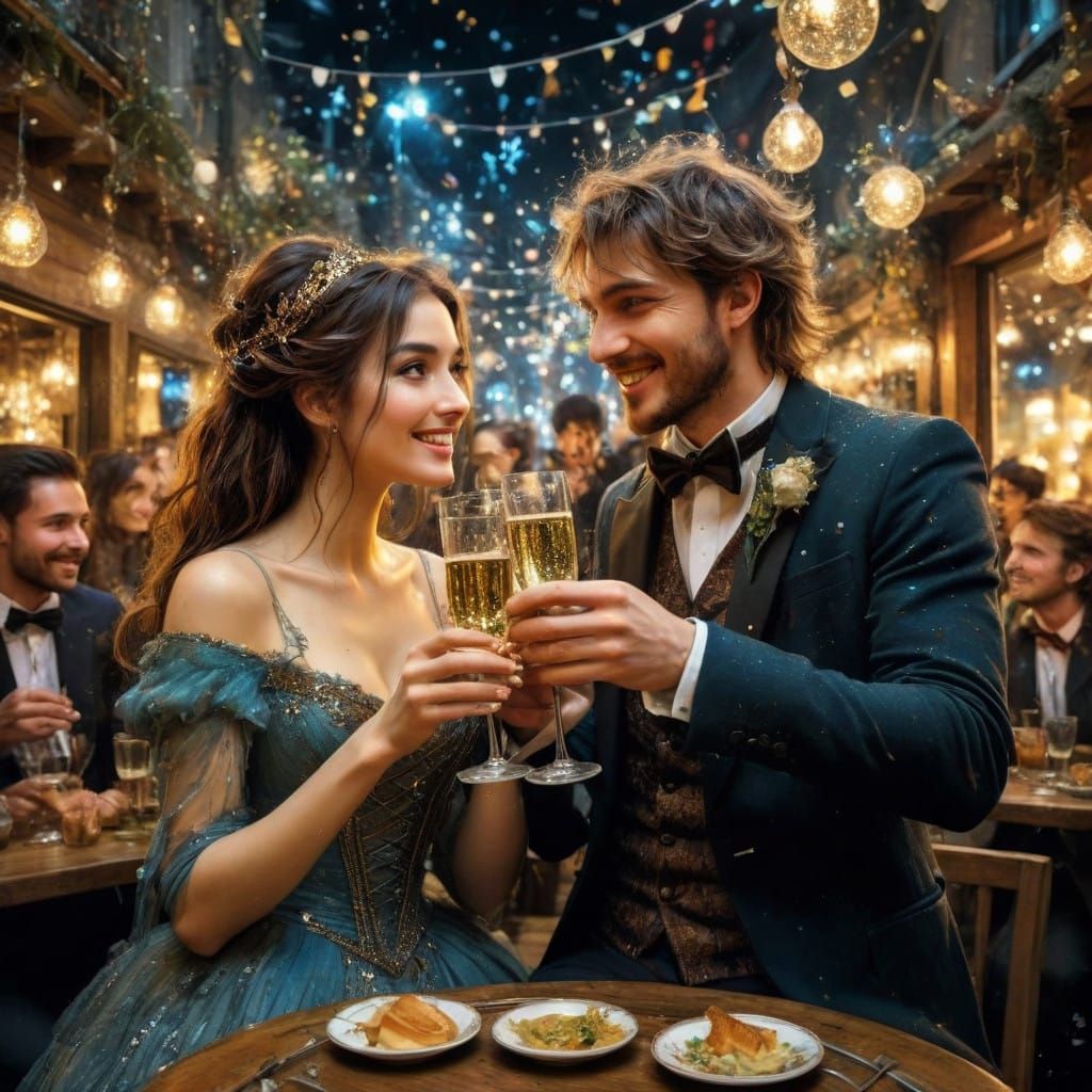 Joyful Young Couple Cheers in Whimsical New Year's Eve Cafe...