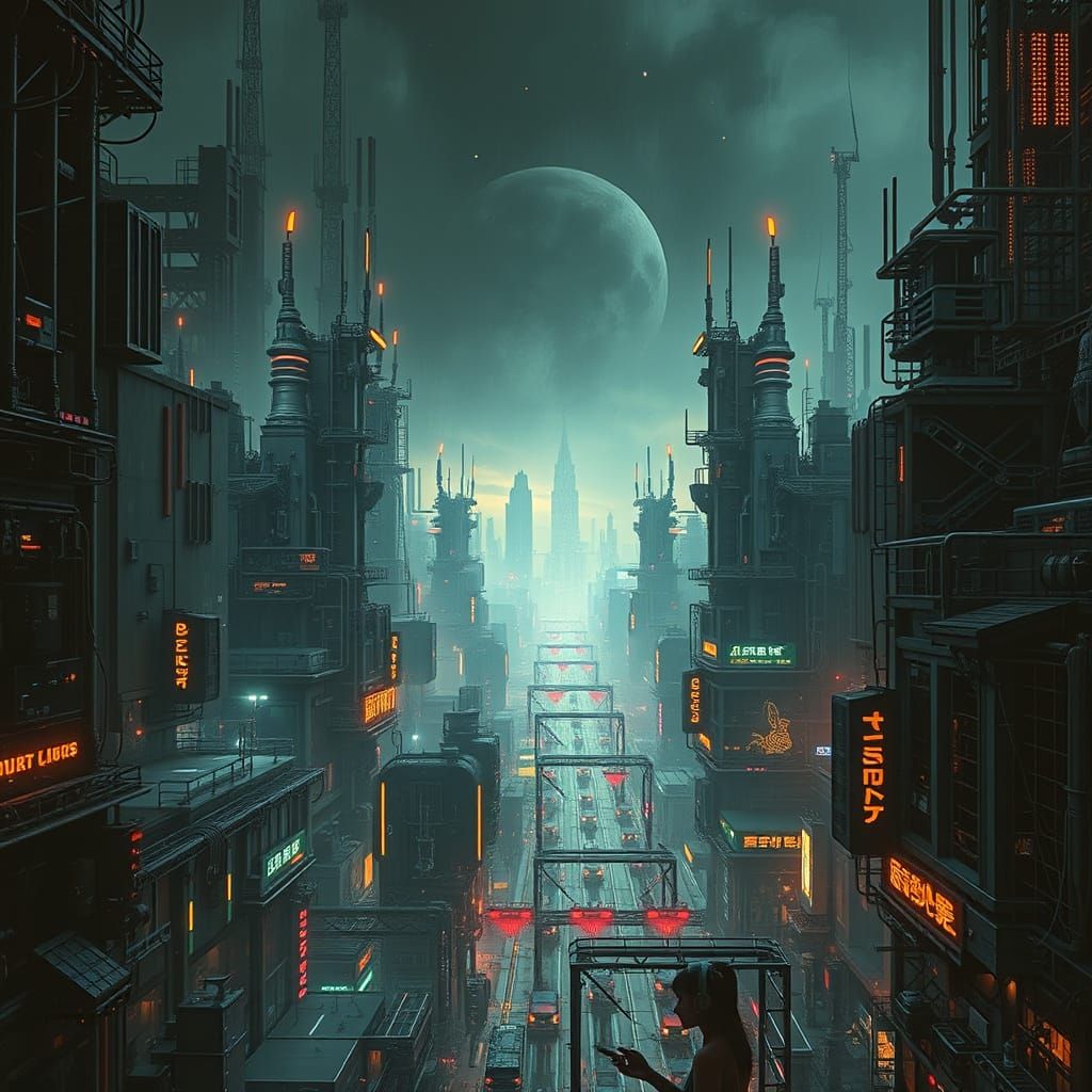 Cyberpunk Cityscape in Dark, Industrial Elegance