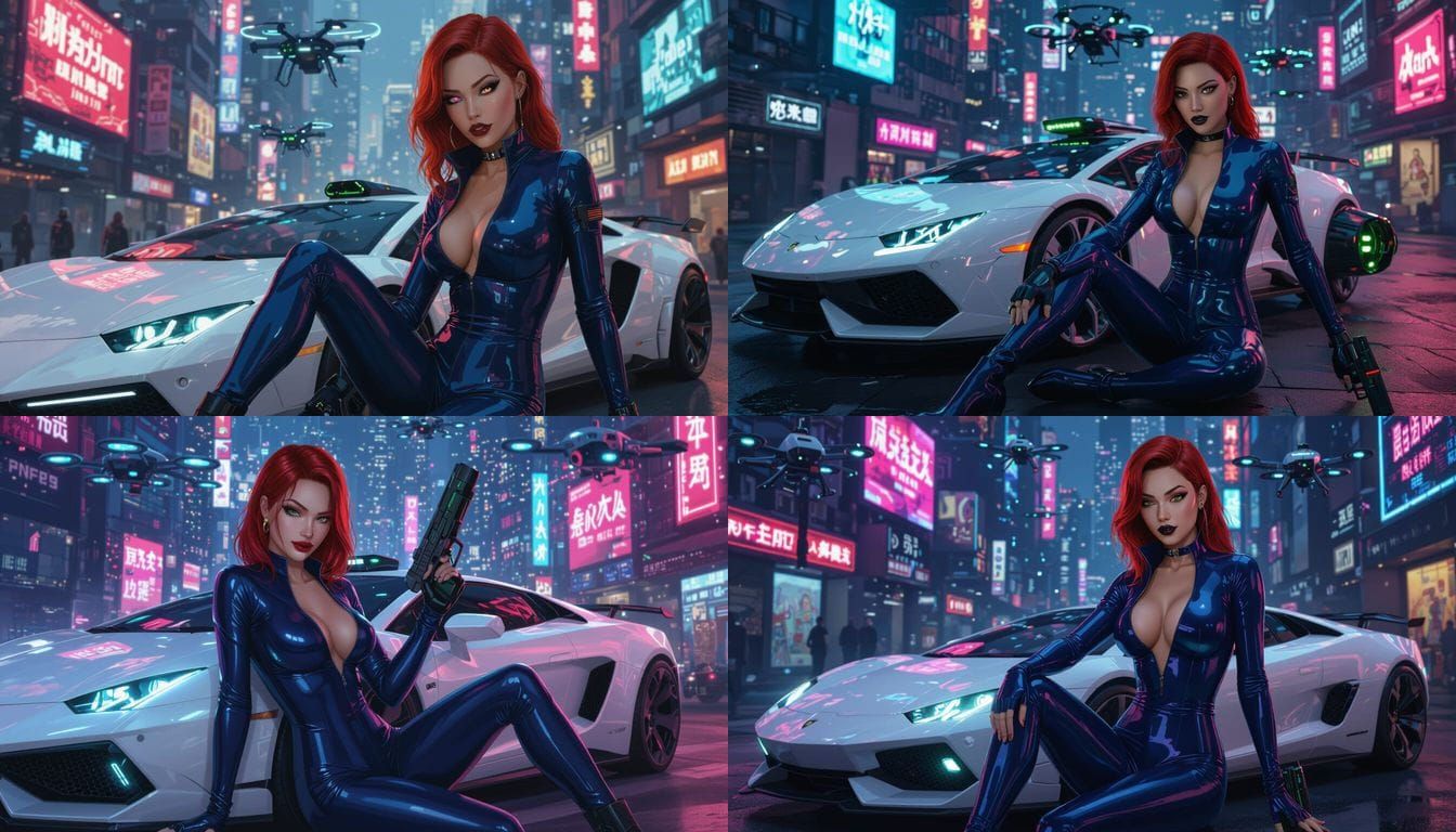 Cyberpunk Beauty with Blaster in Neon Cityscape