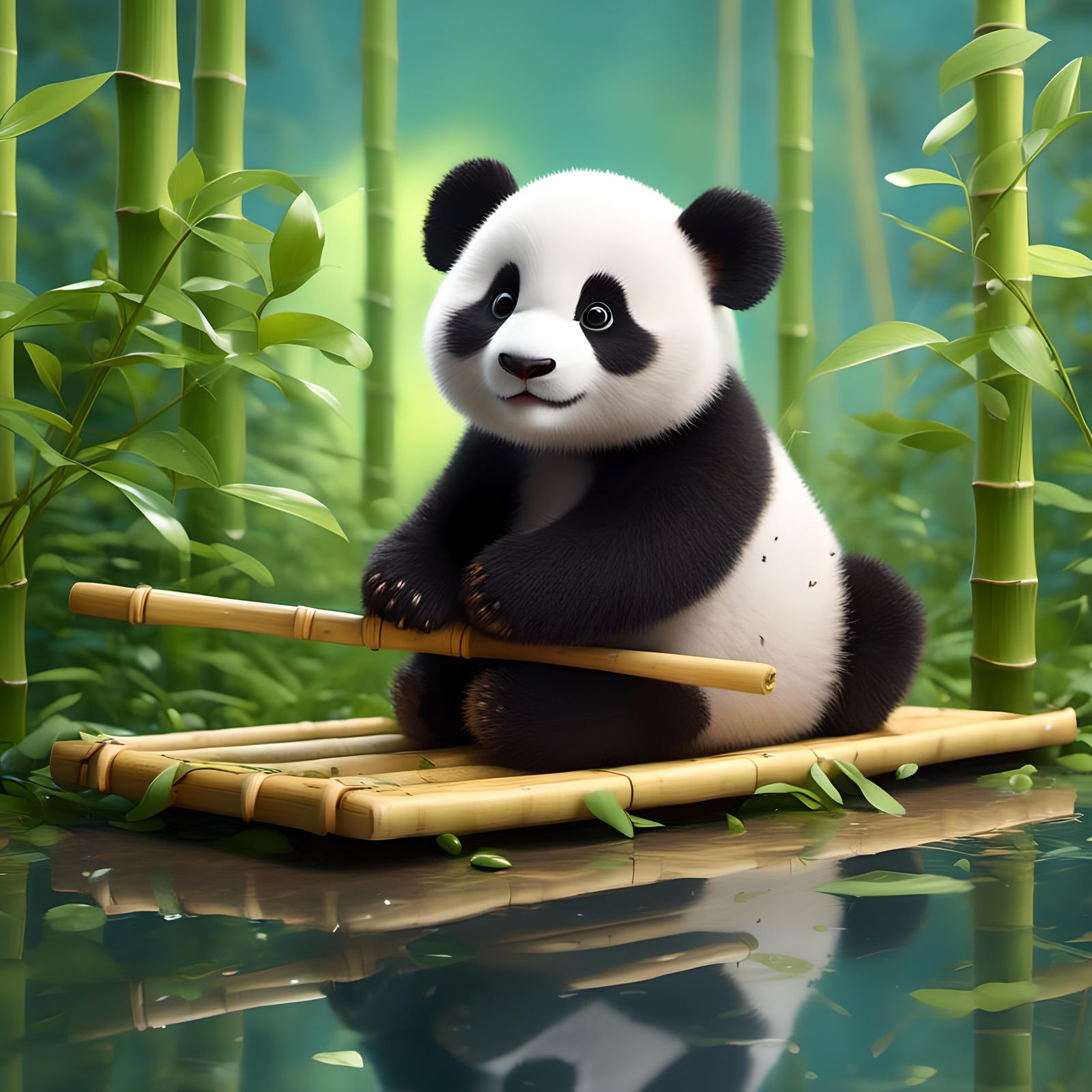 Adorable Baby Panda Drifting on Bamboo Raft