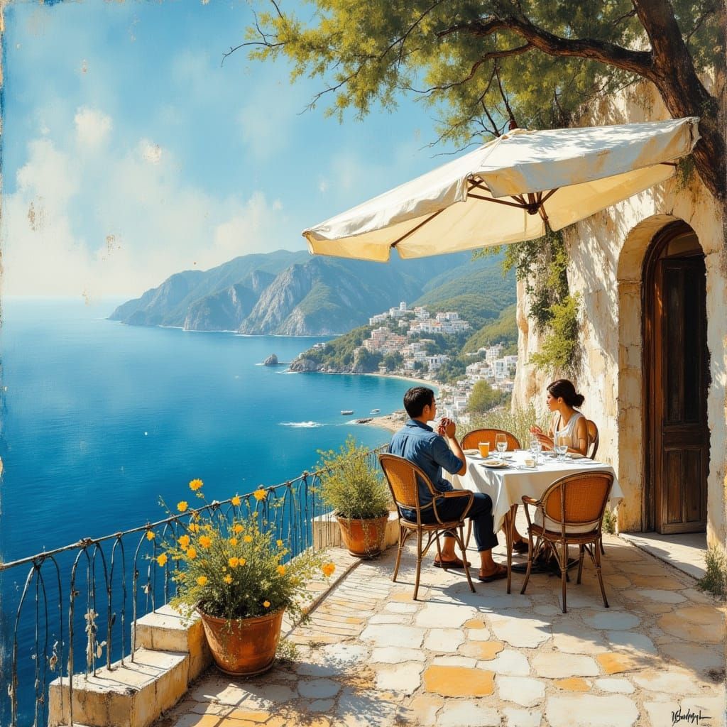 Couple Enjoying Mediterranean Sea View from Cliffside Restau...