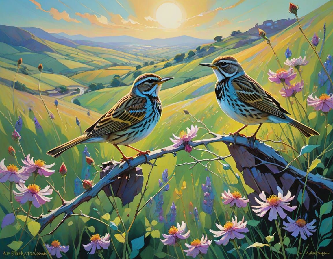 Intricate Watercolor of a Skylark's Melodic Summer Song