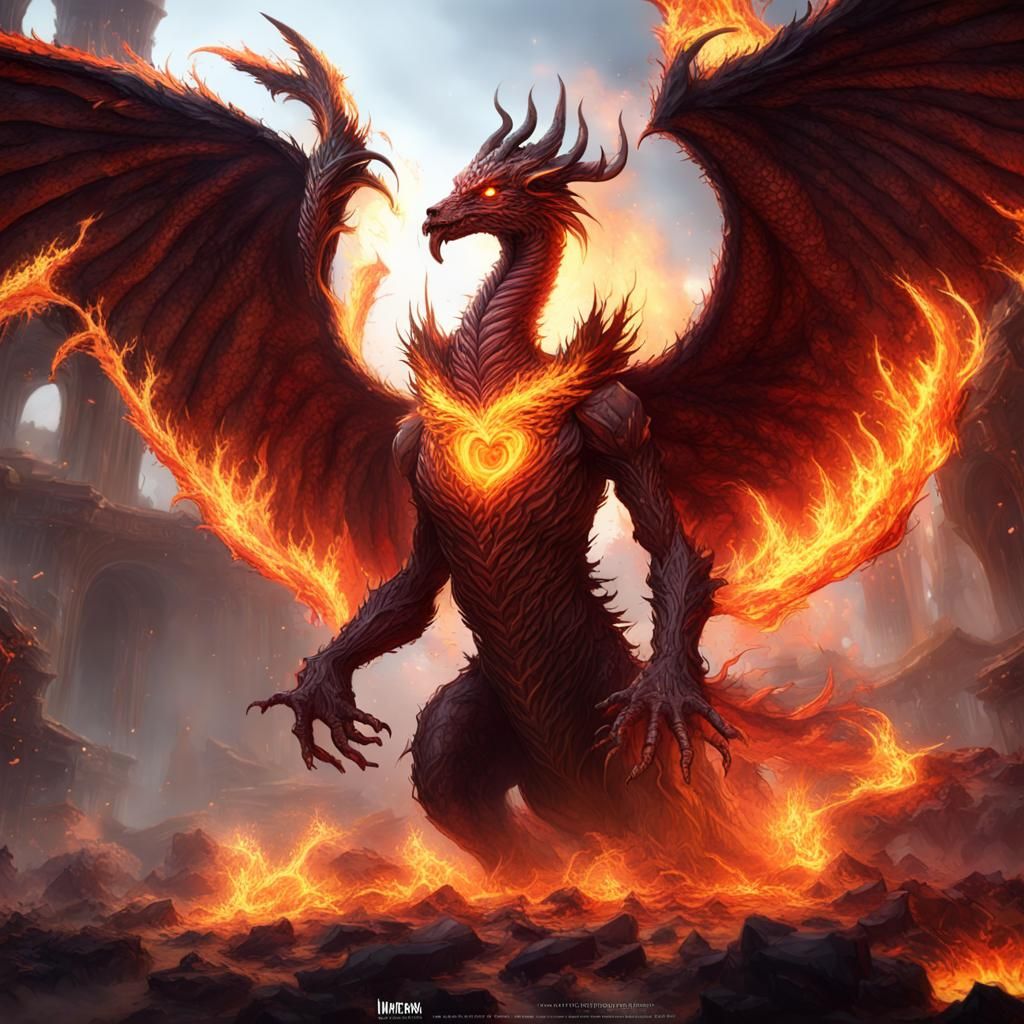 Flame Heart Drake Inferno Breath: Fantasy Art