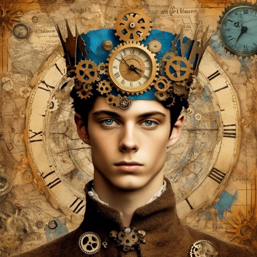 Steampunk Collage Portrait of Man with Clockwork Crown