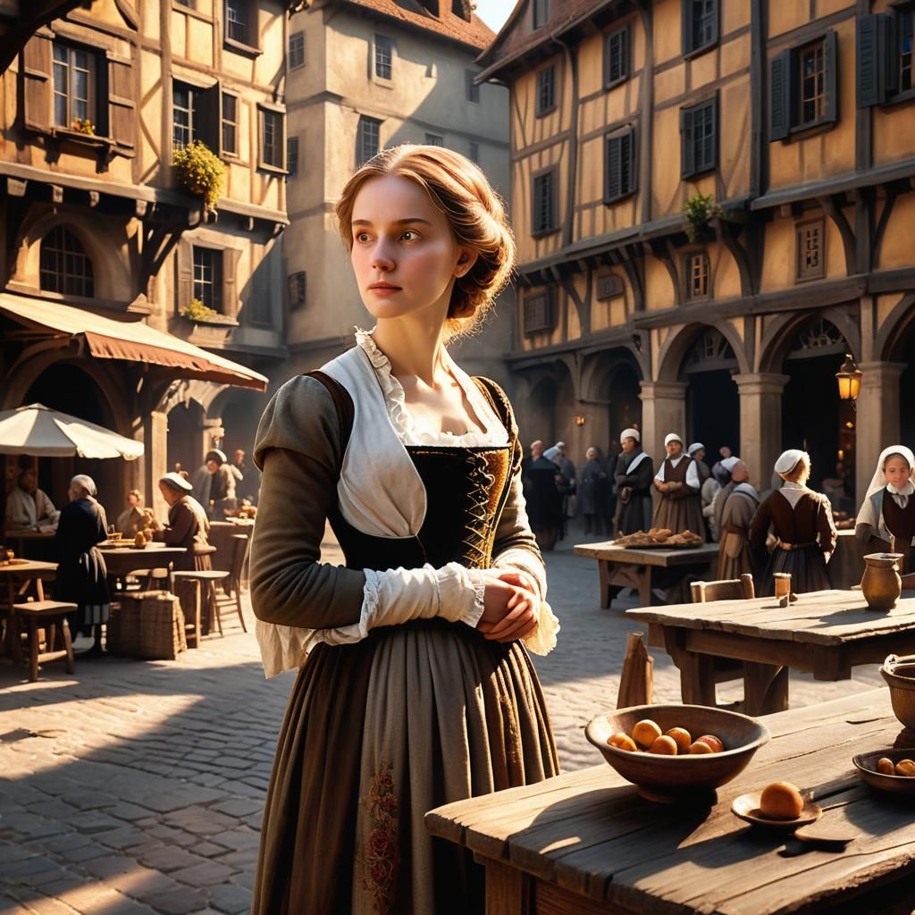 Renaissance Woman in Town Square, Digital Matte Painting