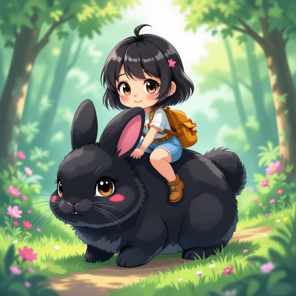 Chibi Thai Woman Rides Giant Rabbit in Fantastical Scenery