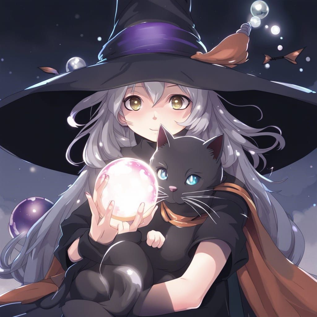 Anime Witch with Cat and Silver Aura