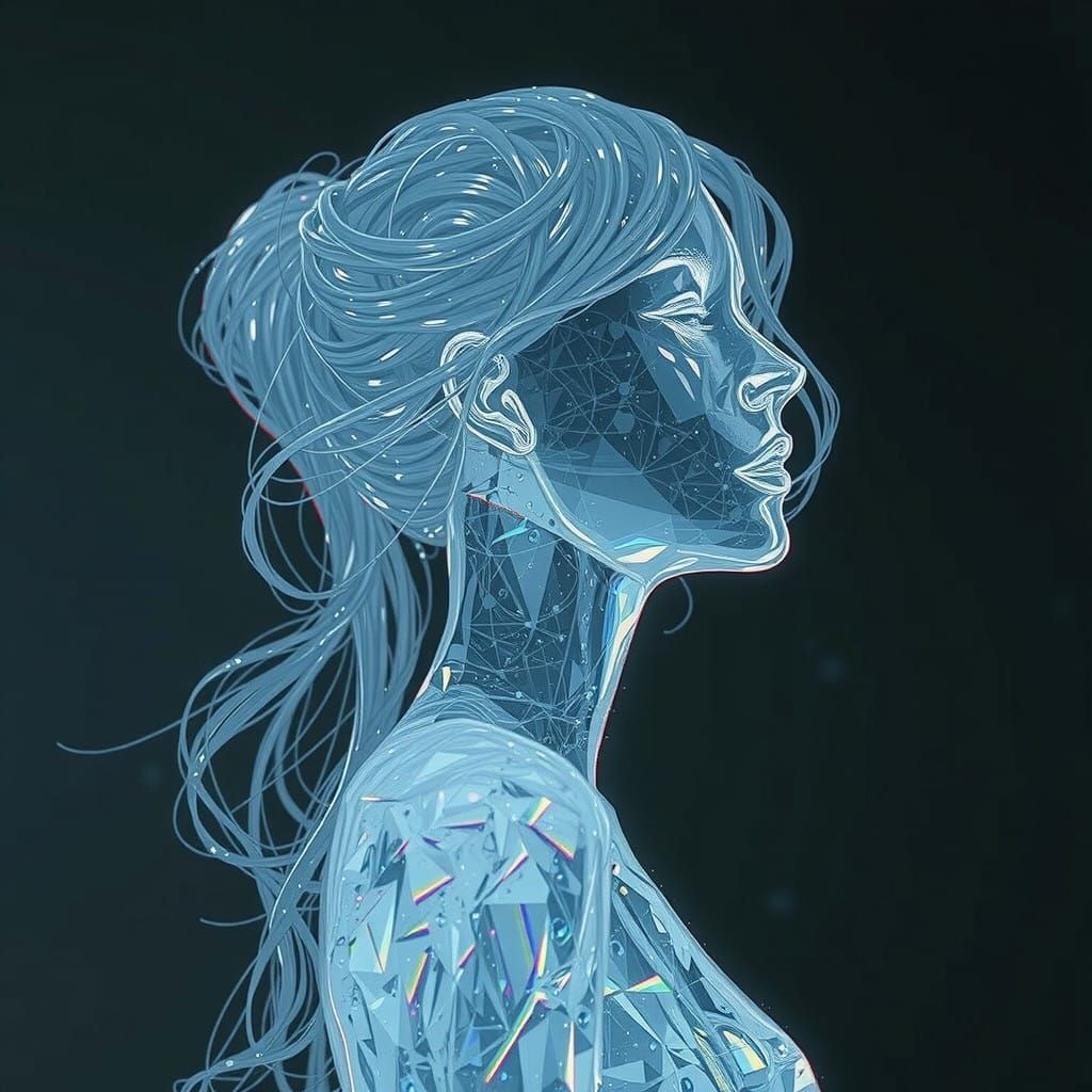 Ethereal Glass Goddess with Radiant Hair and Crystal Body