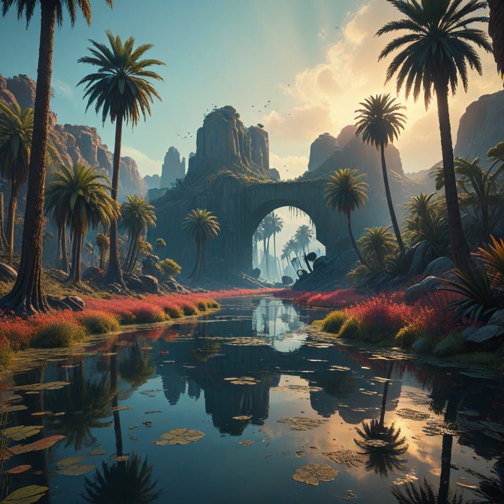 Dreamlike Desert Oasis with Luminous Pond and Palm Trees