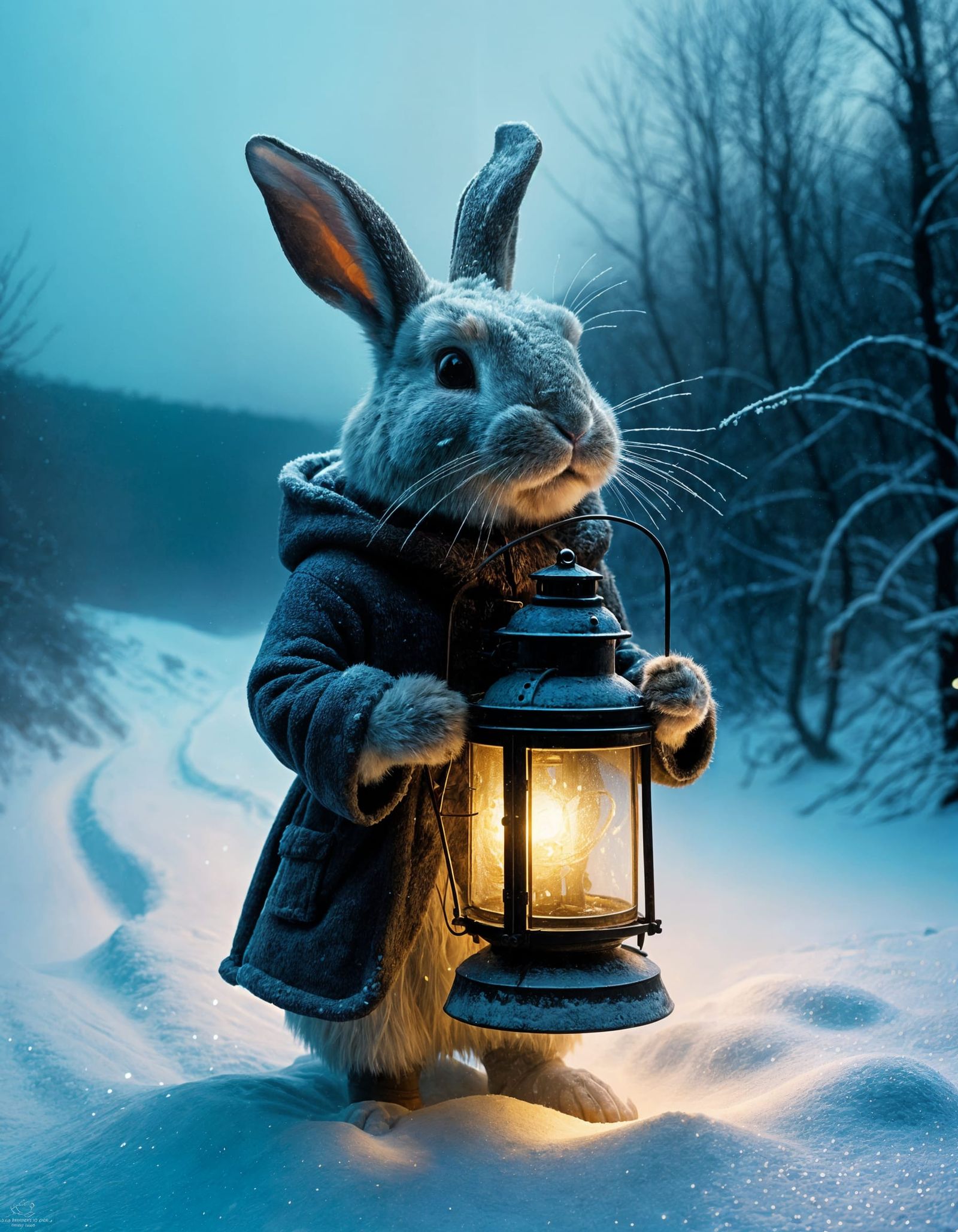 Rabbit Traveler's Lantern in Blizzard, Hyper-Realistic Digit...