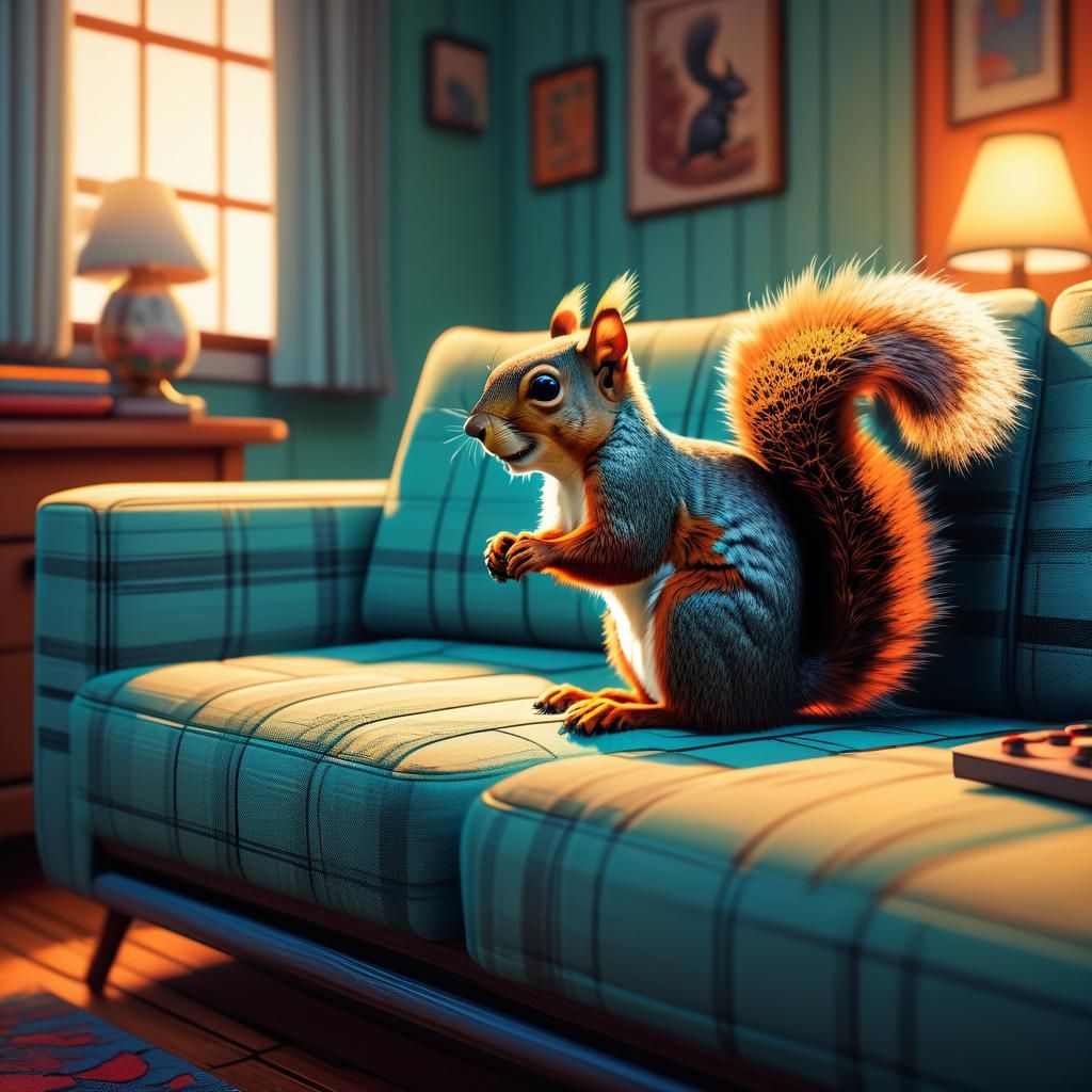 Squirrel Watching TV in Comic Book Art Style