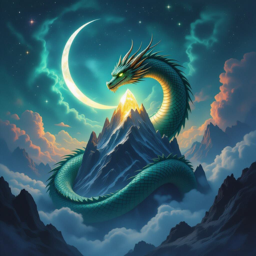 Majestic Dragon Coiled Around Crystal Peak in Cosmic Nebula