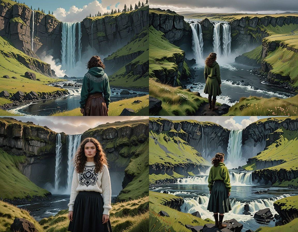 Beautiful Woman Stands Near Icelandic Waterfall in Nordic Sw...