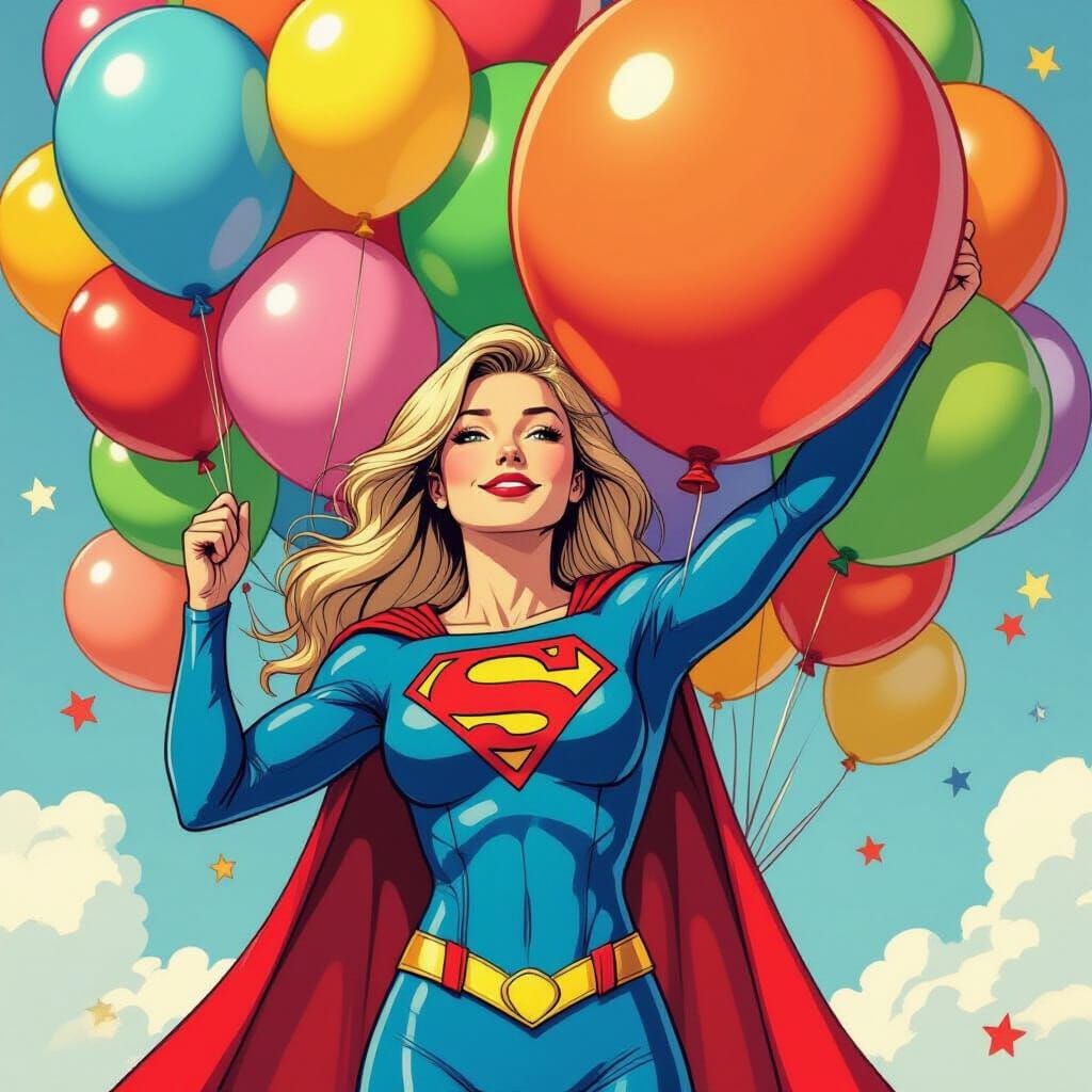 Supergirl Hugging Birthday Balloon in Comic Book Style