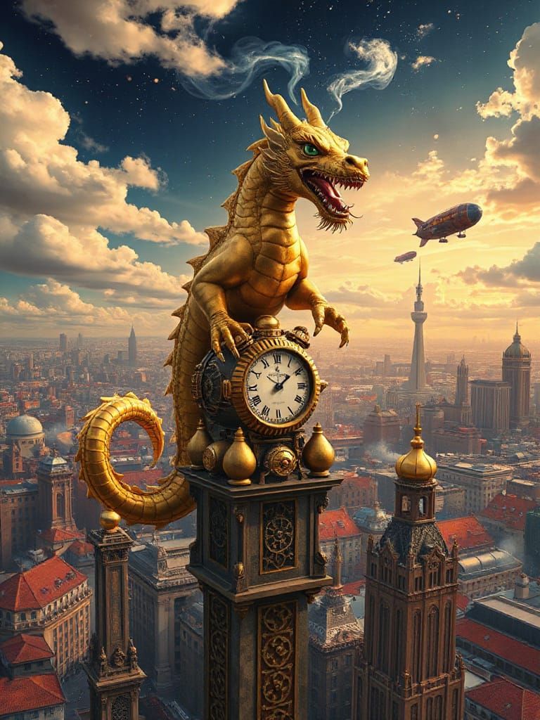 Steampunk Chinese Dragon on Clockwork Spire