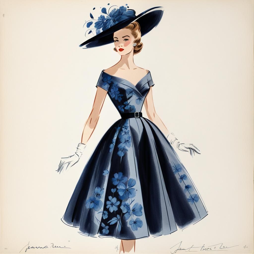 Vintage Haute Couture Fashion Sketch of Floral Dress