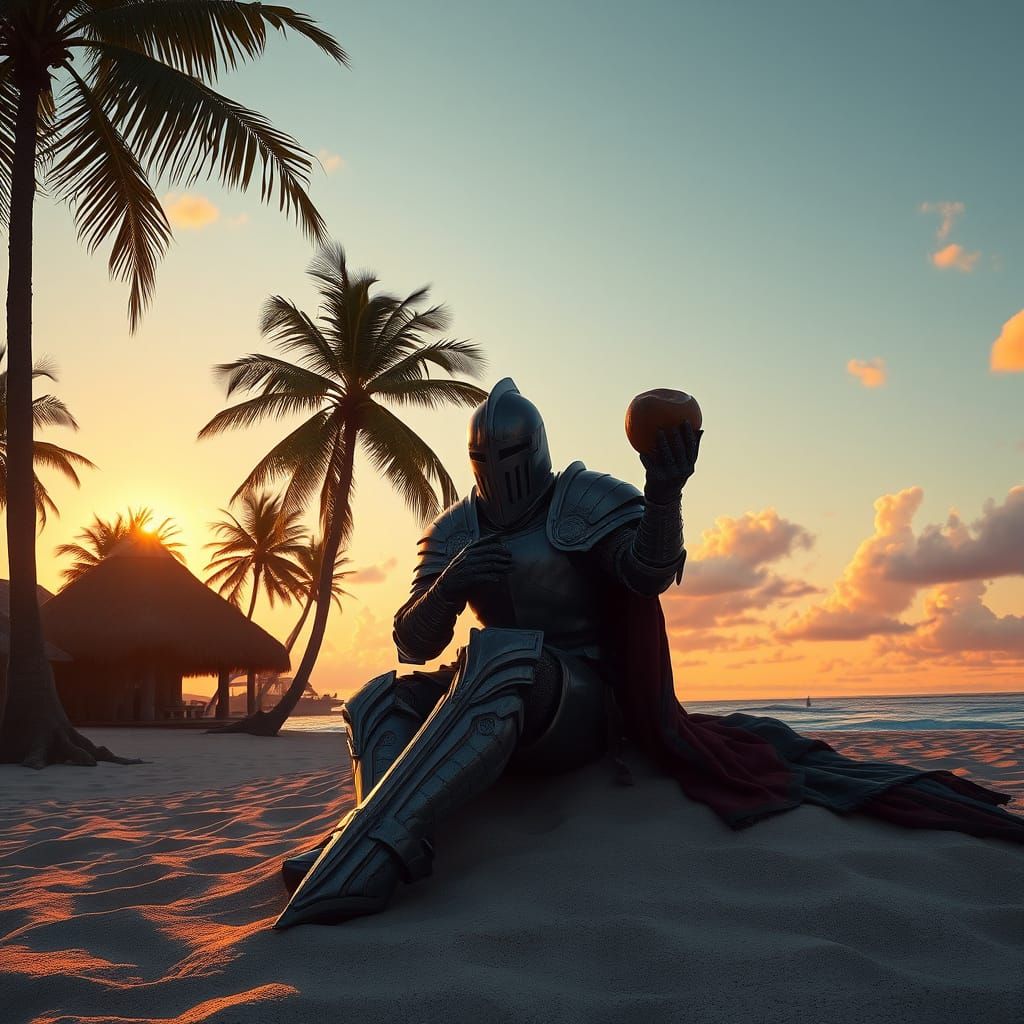 Knight in Armor Watches Sunset on Tropical Beach