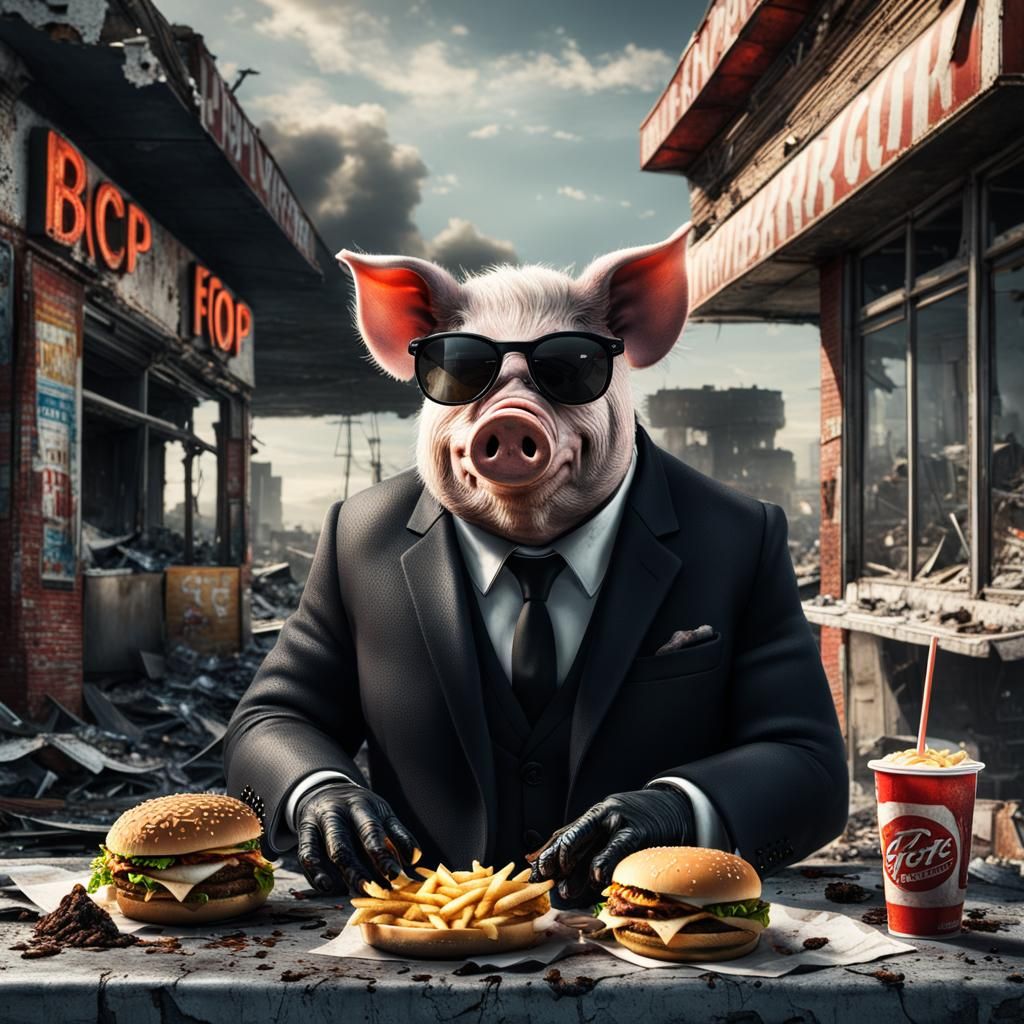 Hyperrealistic Post-Apocalyptic Pig Enjoying a Burger