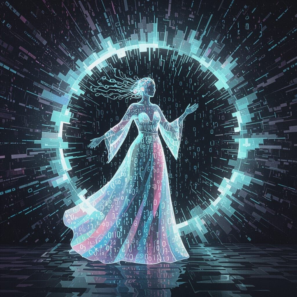 Ethereal Figure Emerges from Digital Energy Portal