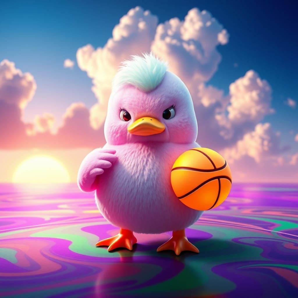 Determined Duck Squishmallow on Neon Basketball Pitch