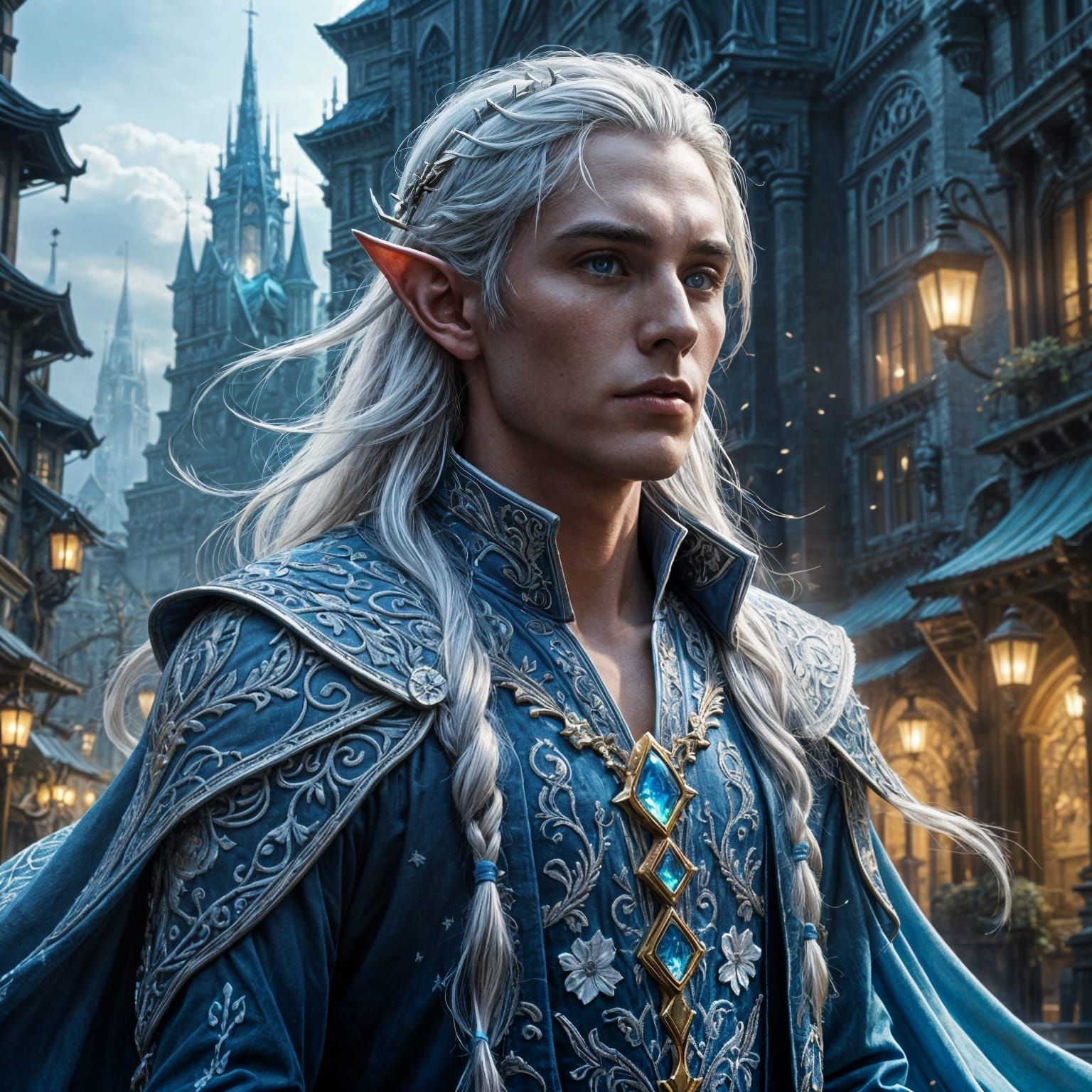 Epic Fantasy Cityscape with Majestic Elf