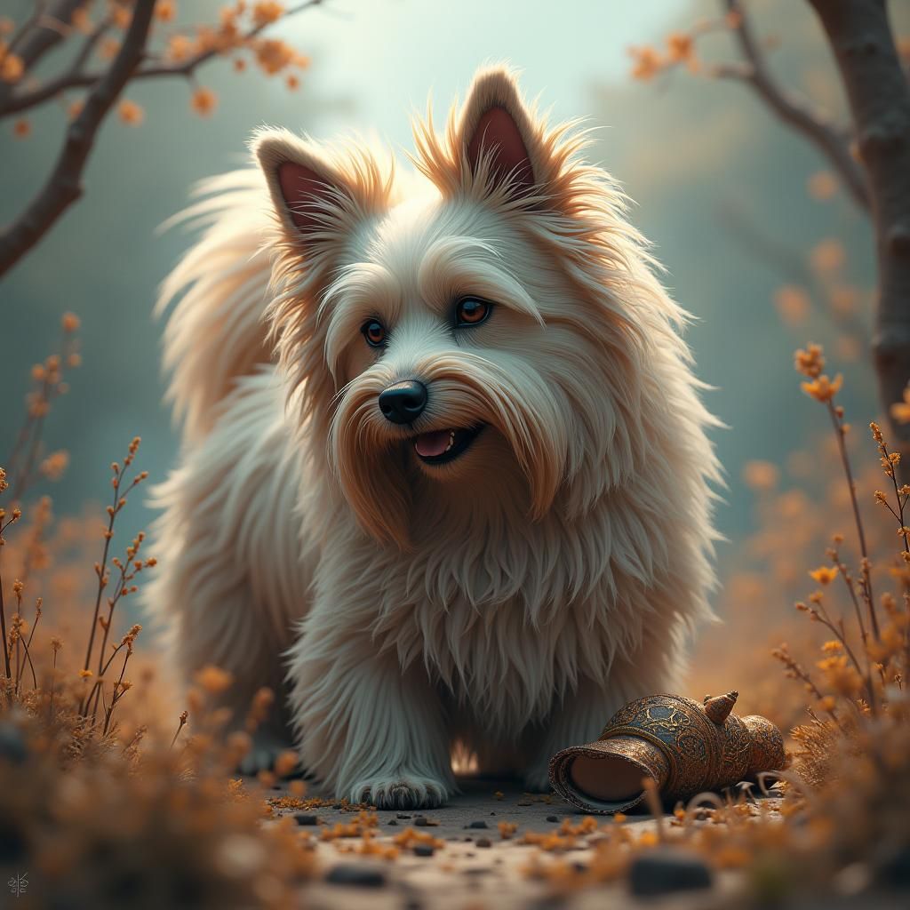 Fantasy Havanese Dog Playing in Whimsical Landscape
