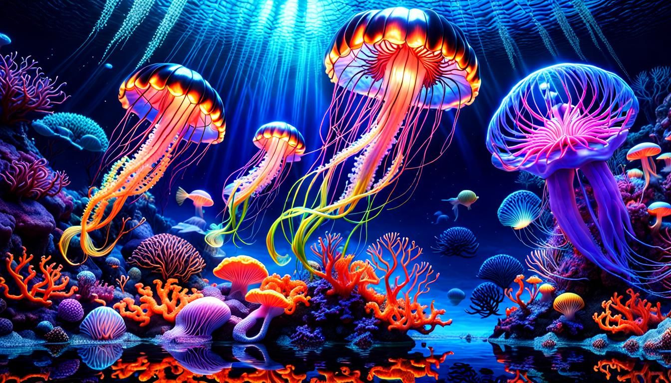 Neon Mermaid and Jellyfish Wonderland in Dark Fantasy Style