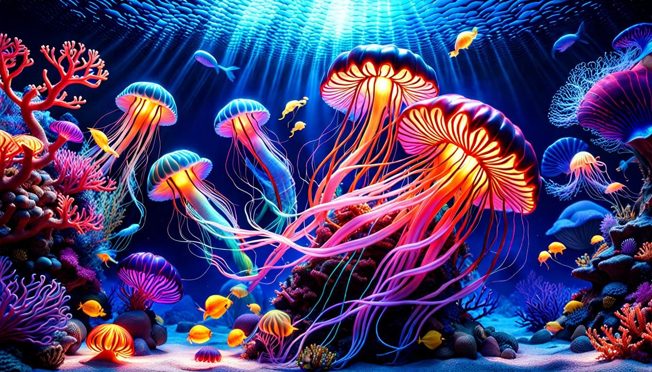 Neon Mermaid and Jellyfish in a Bioluminescent Coral Reef