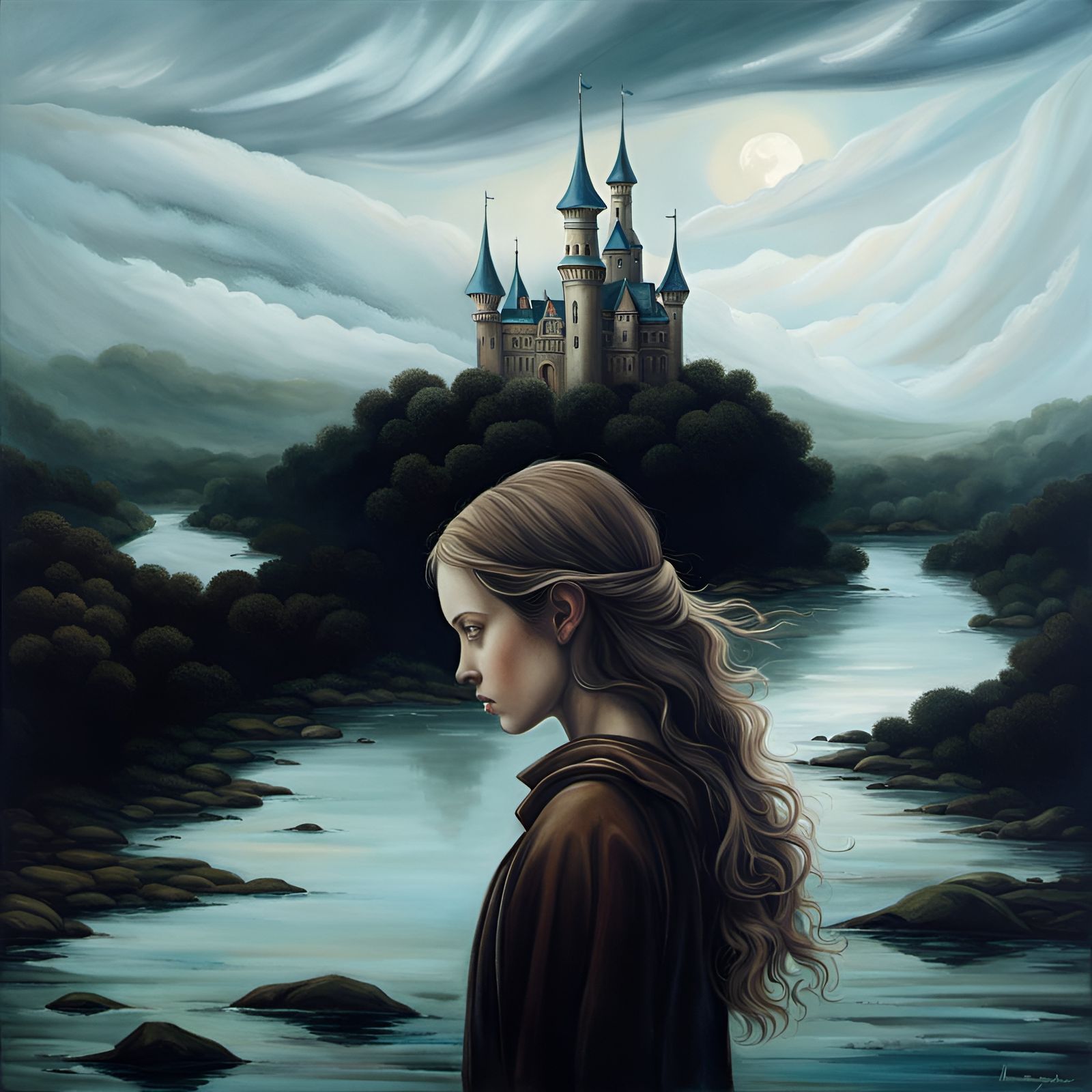 Melancholic Girl in Mysterious Fairytale Landscape