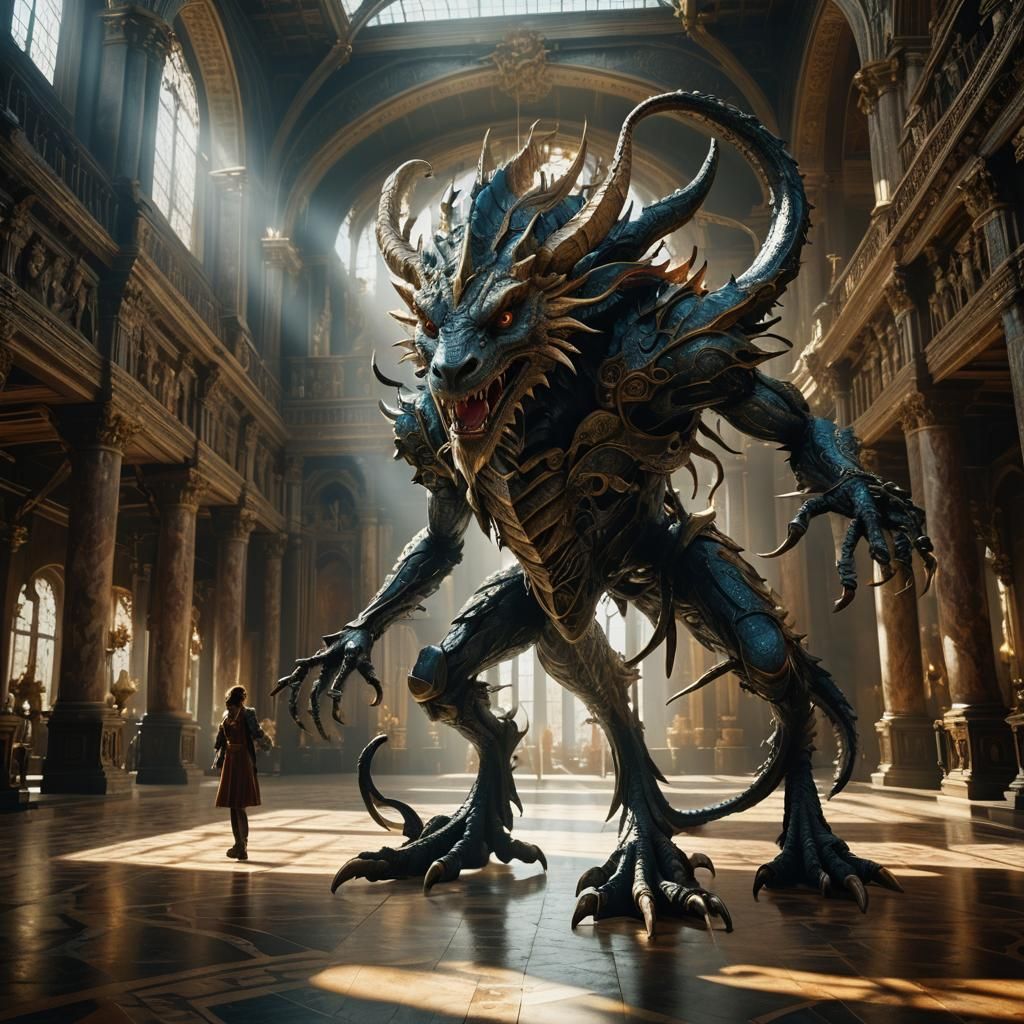 Fantastical Creature in Ornate Hall: Cinematic Still