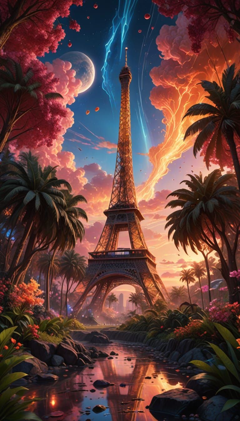 Surreal Cherry Blossom Rises from Cave Amidst Cosmic Energy