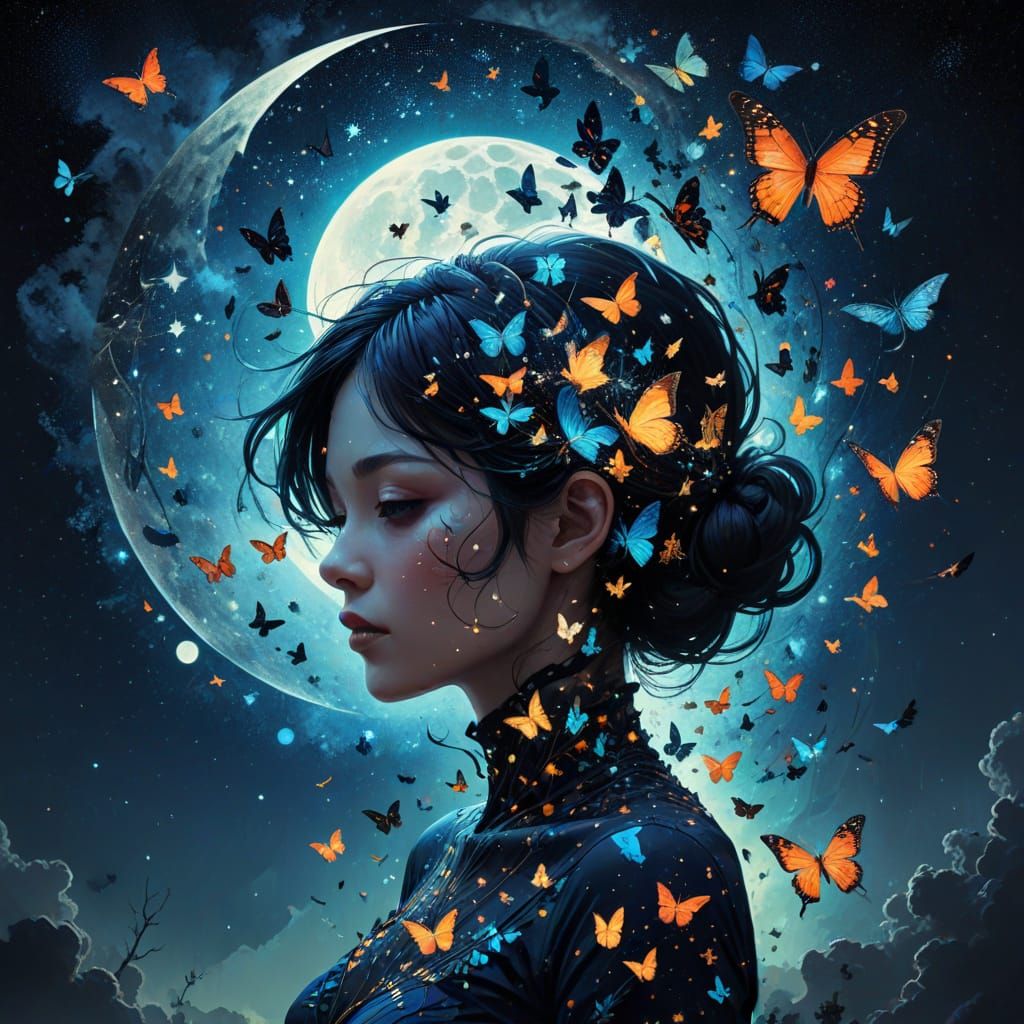 Surreal Galaxy Night Illuminated by Vibrant Butterflies