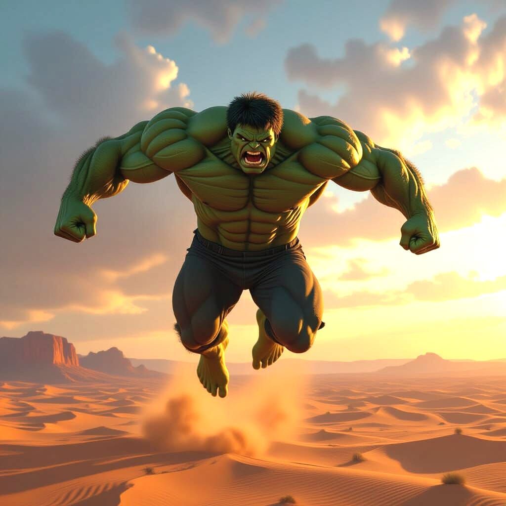Savage Hulk's Epic Desert Leap in Golden Hour