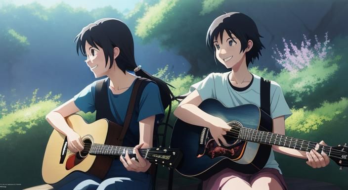 Two Happy Girls with Guitar in Anime Style
