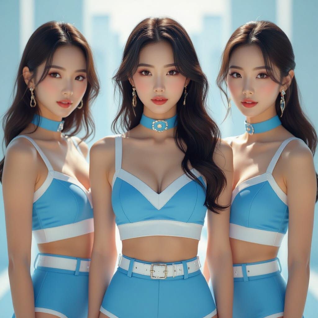 K-Pop Girls in Blue and White Outfits in Comic Art Style