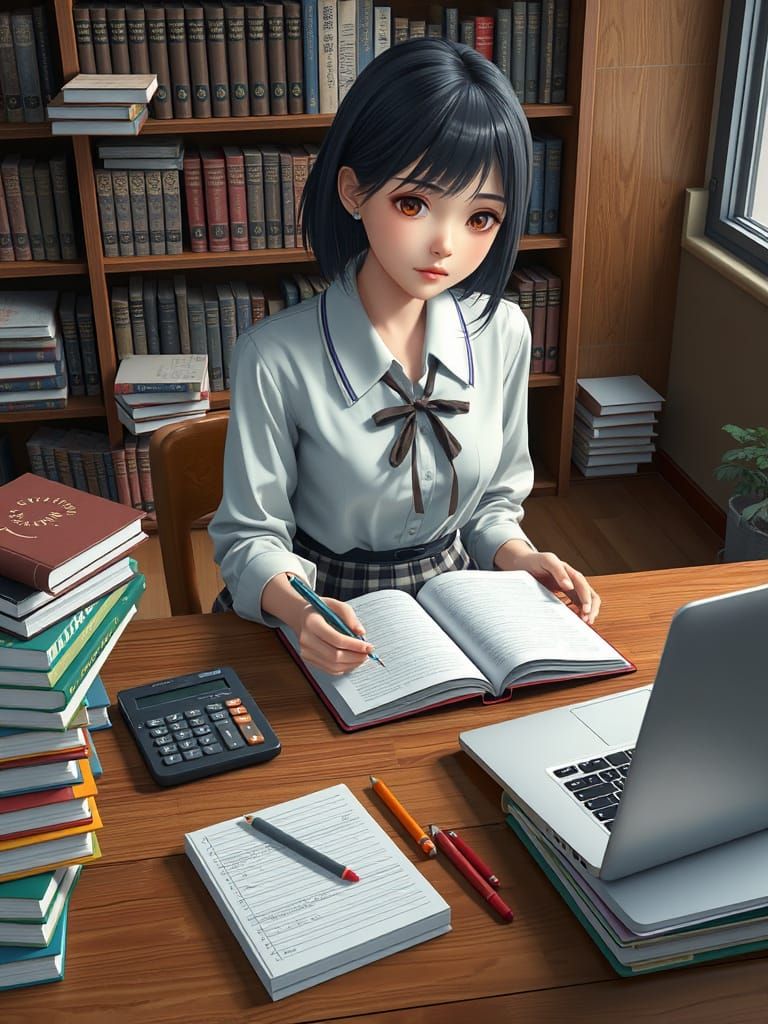 Japanese Schoolgirl Studies with Intense Focus in a Library ...