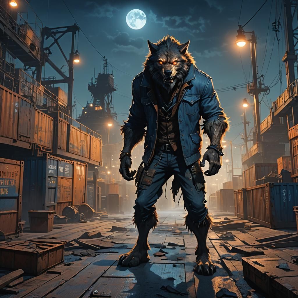 Werewolf Stalks Dockyard at Night: Fantasy Concept Art