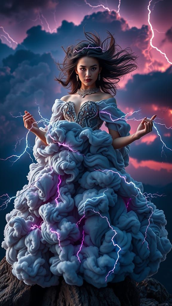 Ethereal Model in Storm Cloud Ballgown with Lightning Accent...