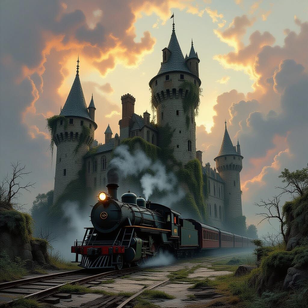 Ancient Castle Silhouetted Against Nebula Sky