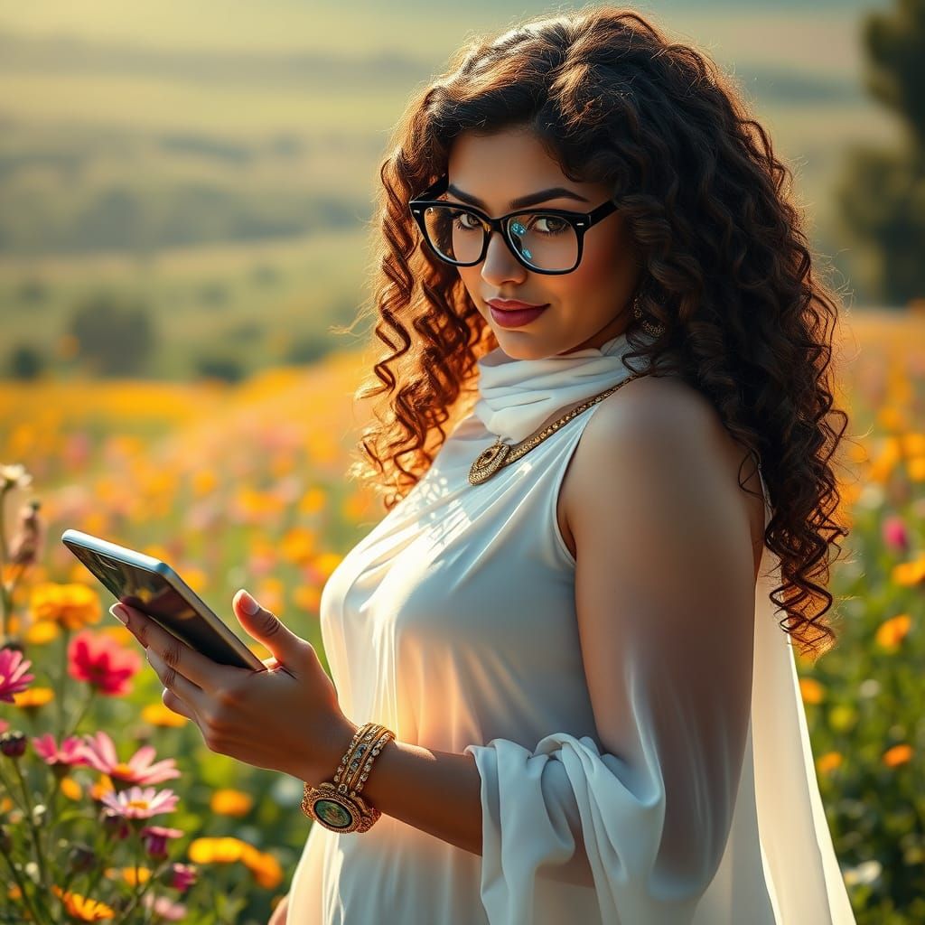 Cyberpunk Goddess in Vibrant Floral Oasis